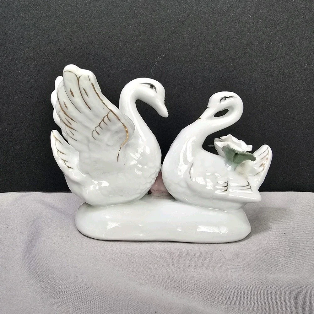 Porcelain Swan Figurine Vintage MCM Inspired Love Roses 4.5x3
